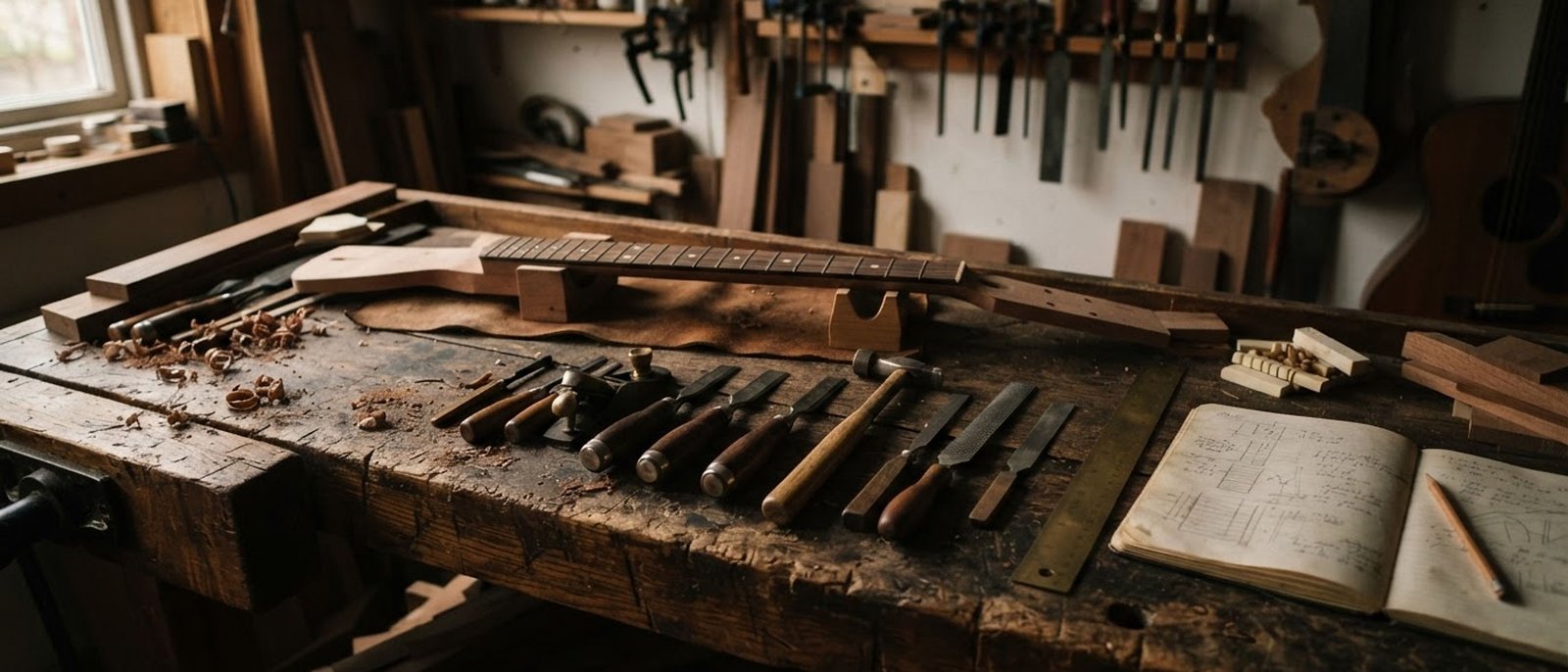 An instrument maker's workbench with hand tools, a brass ruler, wood shavings and a half-built guitar neck