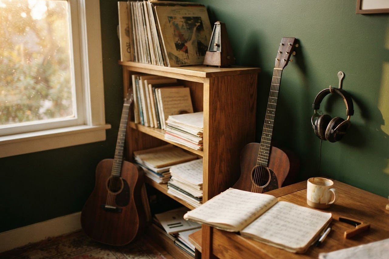 Music books, printed sheet music, a record sleeve and an acoustic guitar in a musician’s study