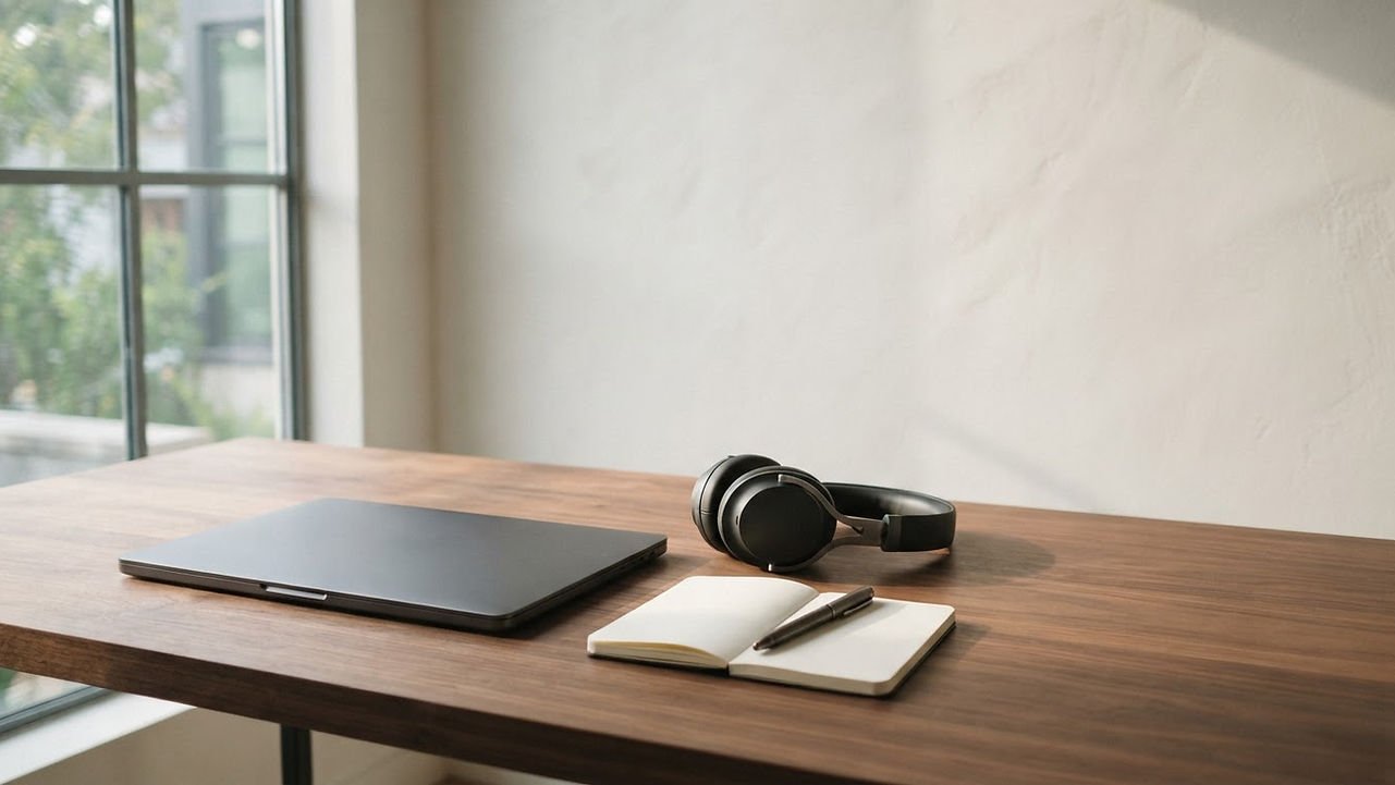 A closed laptop, studio headphones and a notebook resting on a clean walnut desk