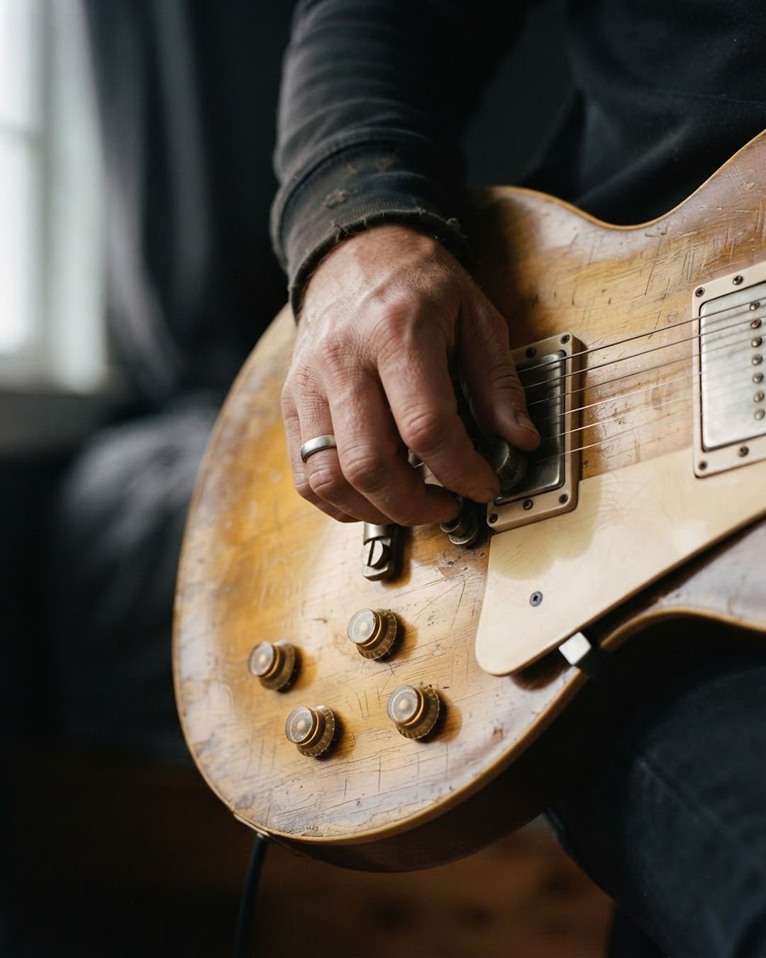 A musician’s hand resting on the bridge and volume control of an electric guitar