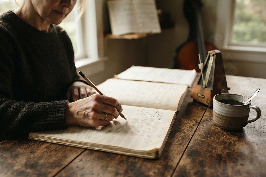 A musician writing practice notes in a journal beside a metronome